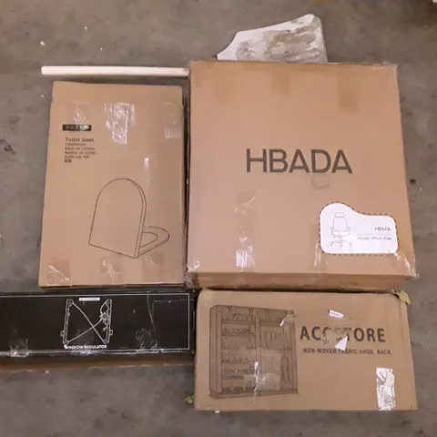 PALLET OF ASSORTED PRODUCTS INCLUDING HBADA OFFICE CHAIR, ACCSTORE NON-WOVEN FABRIC SHOE RACK, WINDOW REGULATOR, TOILET SEAT, PIZZA SPATULA  