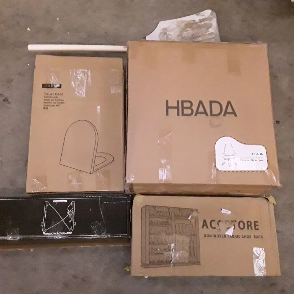 PALLET OF ASSORTED PRODUCTS INCLUDING HBADA OFFICE CHAIR, ACCSTORE NON-WOVEN FABRIC SHOE RACK, WINDOW REGULATOR, TOILET SEAT, PIZZA SPATULA  