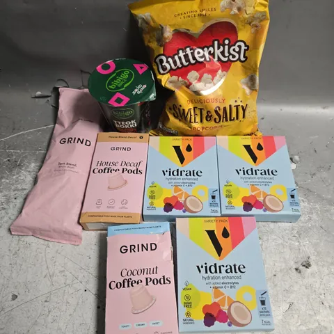 8 X ASSORTED FOOD PRODUCTS TO INCLUDE GRIND COFFEE, BUTTERKIST POPCORN, VIDRATE ETC 