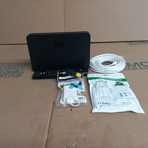 TOTE OF APPROXIMATELY 15 ASSORTED ITEMS TO INCLUDE SKY HUB, CABLES, REMOTE CONTROL ETC