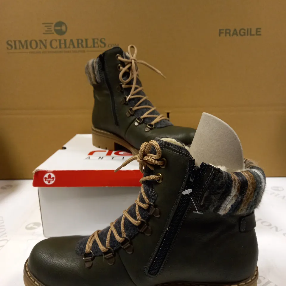 RIEKER GREEN/MULTI COLOURED LINING HIKING BOOTS - UK SIZE 5