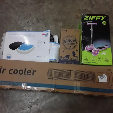 PALLET CONTAINING ASSORTED HOUSEHOLD PRODUCTS INCLUDING AIR COOLER, TRAVEL FINS, 3 WHEEL SCOOTER & SEAT CUSHION