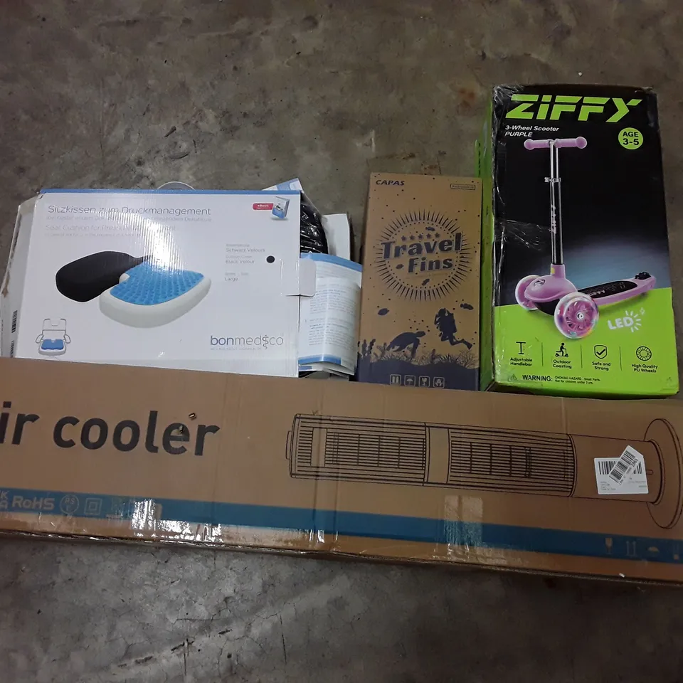 PALLET CONTAINING ASSORTED HOUSEHOLD PRODUCTS INCLUDING AIR COOLER, TRAVEL FINS, 3 WHEEL SCOOTER & SEAT CUSHION