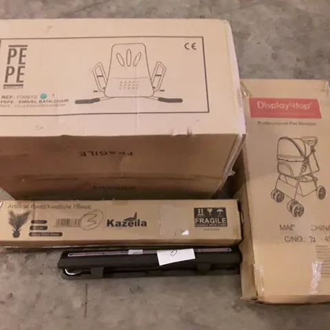 PALLET OF ASSORTED PRODUCTS INCLUDING SWIVEL BATH CHAIR, ARTIFICIAL PLANTS, TORQUE WRENCH, PET STROLLER, LED CEILING LIGHT
