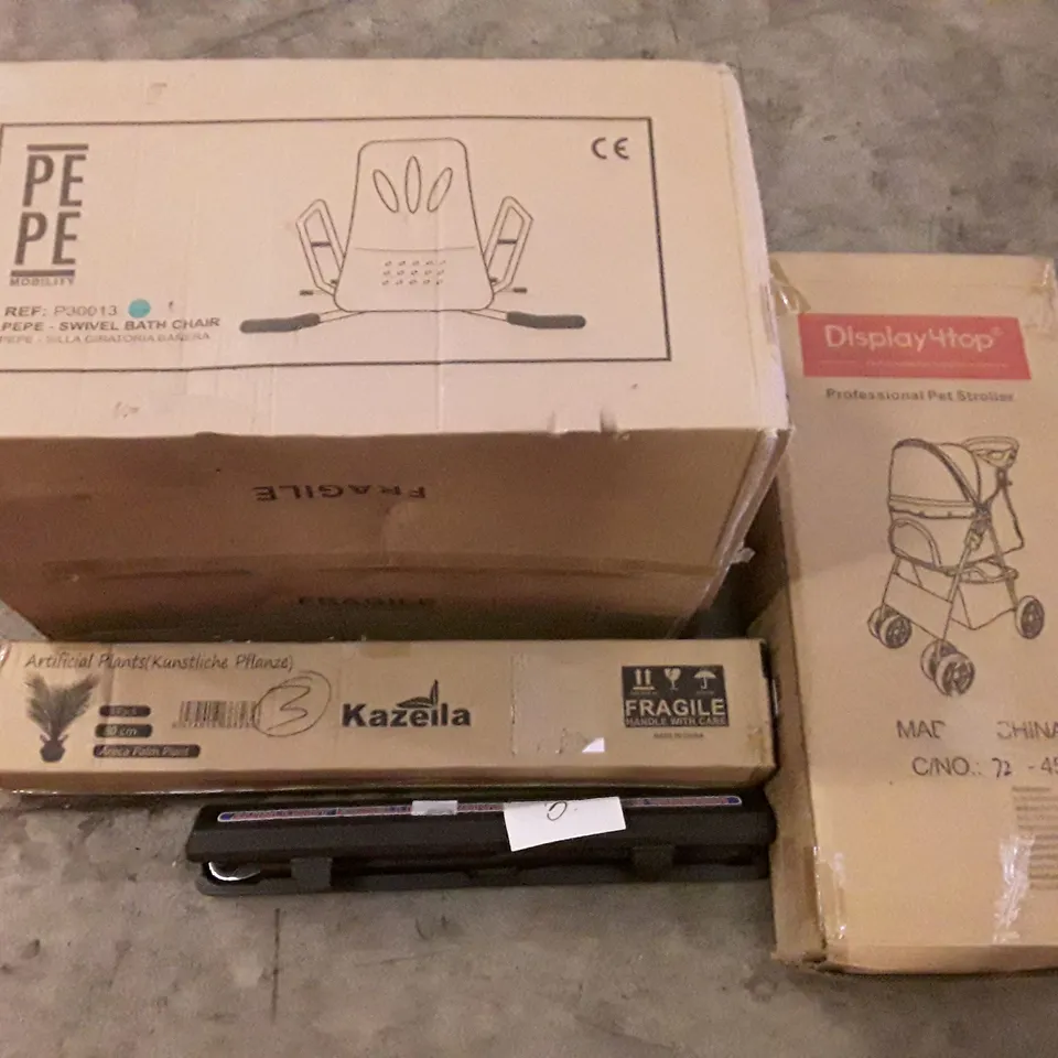 PALLET OF ASSORTED PRODUCTS INCLUDING SWIVEL BATH CHAIR, ARTIFICIAL PLANTS, TORQUE WRENCH, PET STROLLER, LED CEILING LIGHT