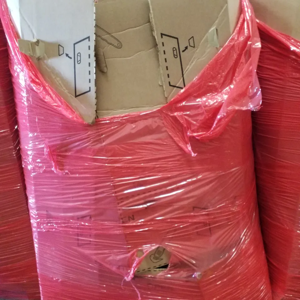 PALLET CONTAINING ASSORTED PRODUCTS INCLUDING WHITE CHAIR COVERS, 3 LAYER CLOTHES HANGER, RETRACTABLE SAFETY GATE & LED BATTEN LIGHT