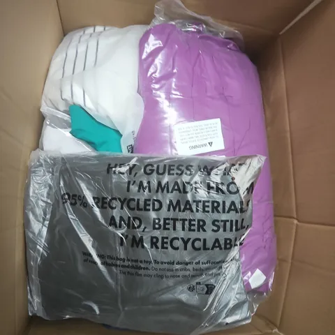 LARGE BOX OF APPROXIMATELY 25 ASSORTED CLOTHING ITEMS IN VARIOUS COLOURS, STYLES AND SIZES - COLLECTION ONLY