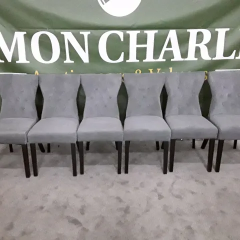 SET OF 6 DESIGNER RENZO UPHOLSTERED BUTTONED RING BACK DINING CHAIRS WITH BLACK LEGS