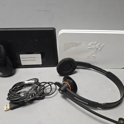 APPROXIMATELY 6 ASSORTED ITEMS TO INCLUDE - SKY HUB , SENNHEISER HEADSET , HP MOUSE ETC
