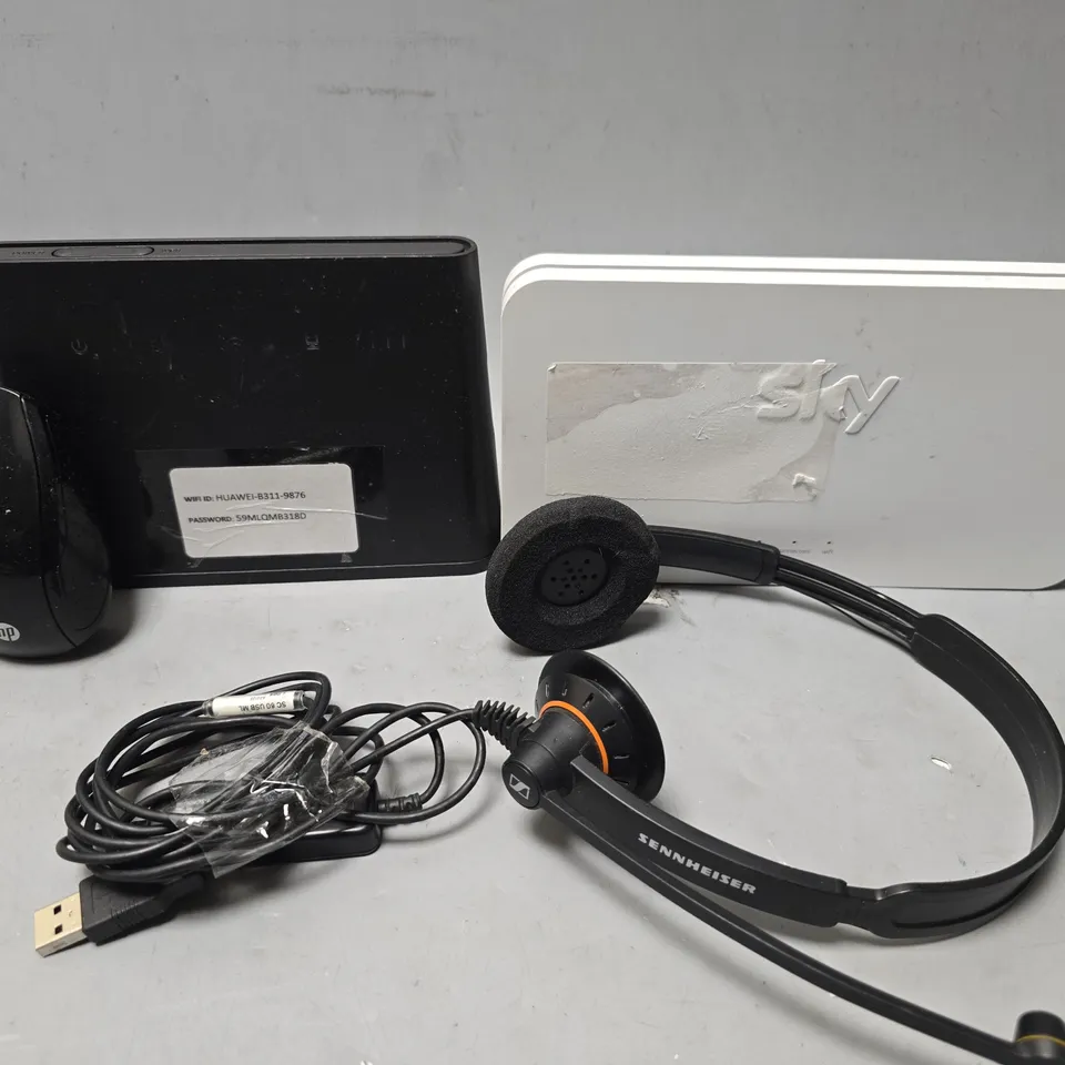 APPROXIMATELY 6 ASSORTED ITEMS TO INCLUDE - SKY HUB , SENNHEISER HEADSET , HP MOUSE ETC