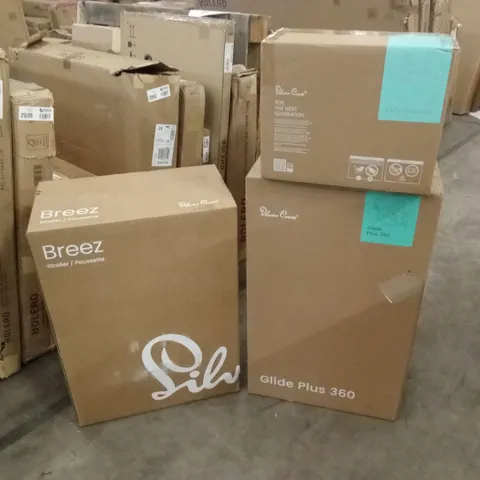 BOXED SILVER CROSS BREEZE STROLLER WITH GLIDE PLUS 360 CAR SEAT AND BASE (3 BOXES)