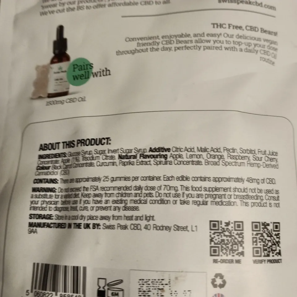 SWISS PEAK CBD GUMMIES – MIXED FRUIT CBD BEARS, 1200MG CBD (THC FREE)