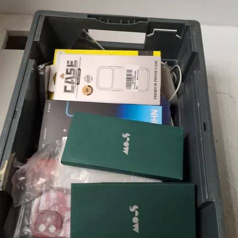 BOX CONTAINING A MIX OF ITEMS INCLUDING PHONE CASES, POWER BANK, SCREEN PROTECTORS ETC.
