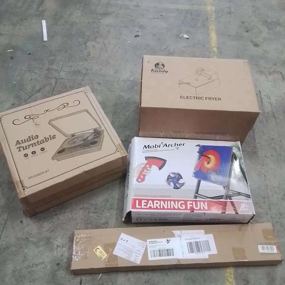PALLET CONTAINING VARIOUS ASSORTED ITEMS TO INCLUDE:ELECTRIC FRYER, AUDIO TURNTABLE, MOBI ARCHER, FLOATING SHELF AND OTHER ASSORTED ITEMS...