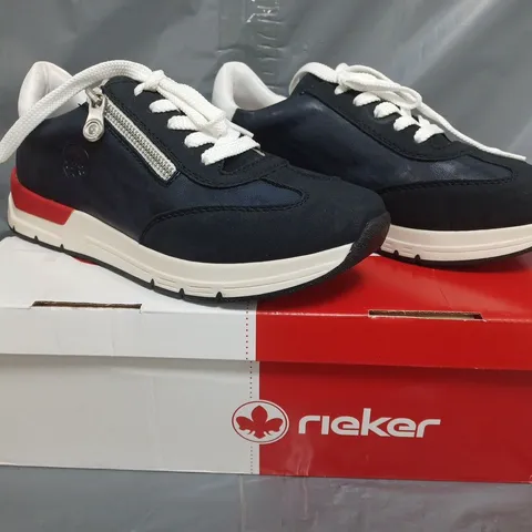 BOXED PAIR OF RIEKER SHOES IN NAVY/RED SIZE 5