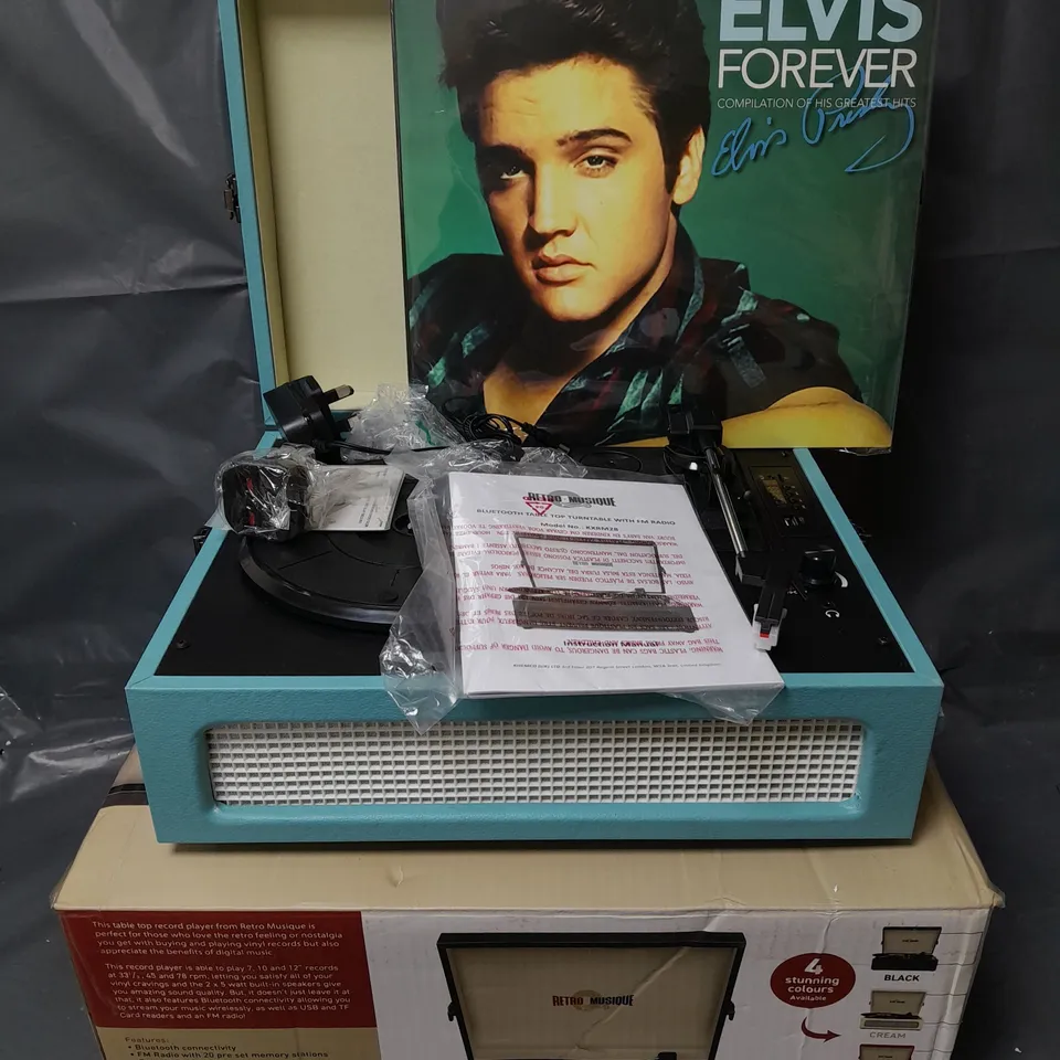 BOXED RETRO MUSIQUE BLUETOOTH TABLE TOP TURNTABLE IN BLUE WITH ELVIS VINYL