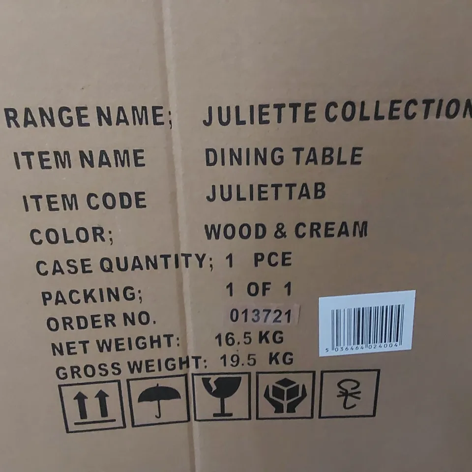 BOXED JULIETTE COLLECTION DINING TABLE - WOOD & CREAM (1 BOX)