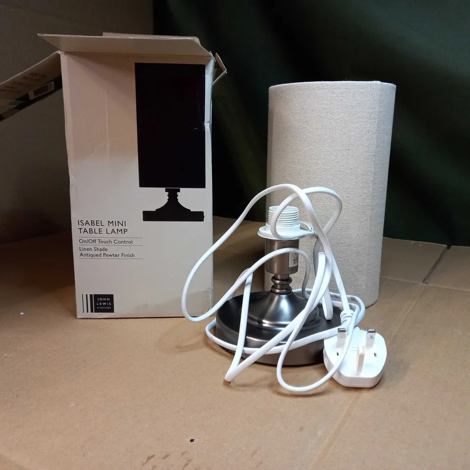 BOXED JOHN LEWIS LINEN SHADE ANTIQUED PEWTER ISABEL MINI TABLE LAMP