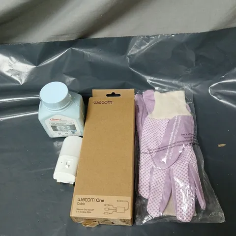 APPROXIMATELY 16 ASSORTED HOUSEHOLD ITEMS TO INCLUDE GARDEN GLOVES, WACOM ONE CABLE, PLUG IN NIGHT LIGHT, PIPE DREDGING AGENT ETC