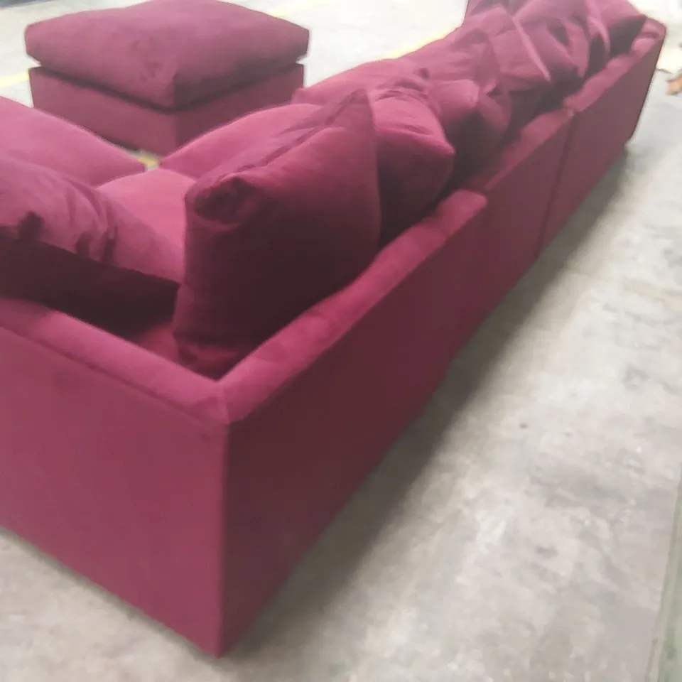 QUALITY DESIGNER EX DISPLAY LARGE VELVET CORNER SOFA WITH FOOTSTOOL - WINE RED 
