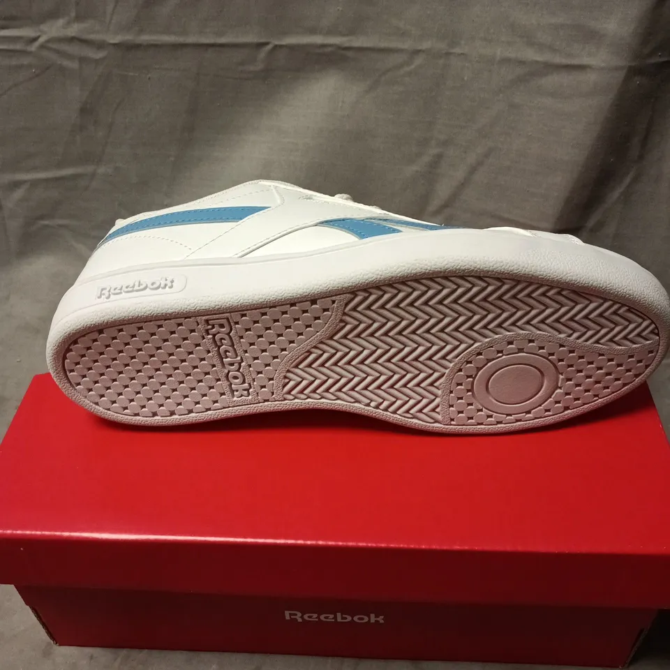 REEBOK WHITE & BLUE SNEAKERS – CLASSIC LEATHER STYLE, BOXED SIZE 5