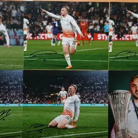 SIX ASSORTED SIGNED JARED BOWEN PHOTOGRAPHS FROM THE JUNE 2023  UEFA EUROPA CONFERENCE LEAGUE FINAL WHERE WEST HAM UNITED DEFEATED FIORENTINA 2-1 