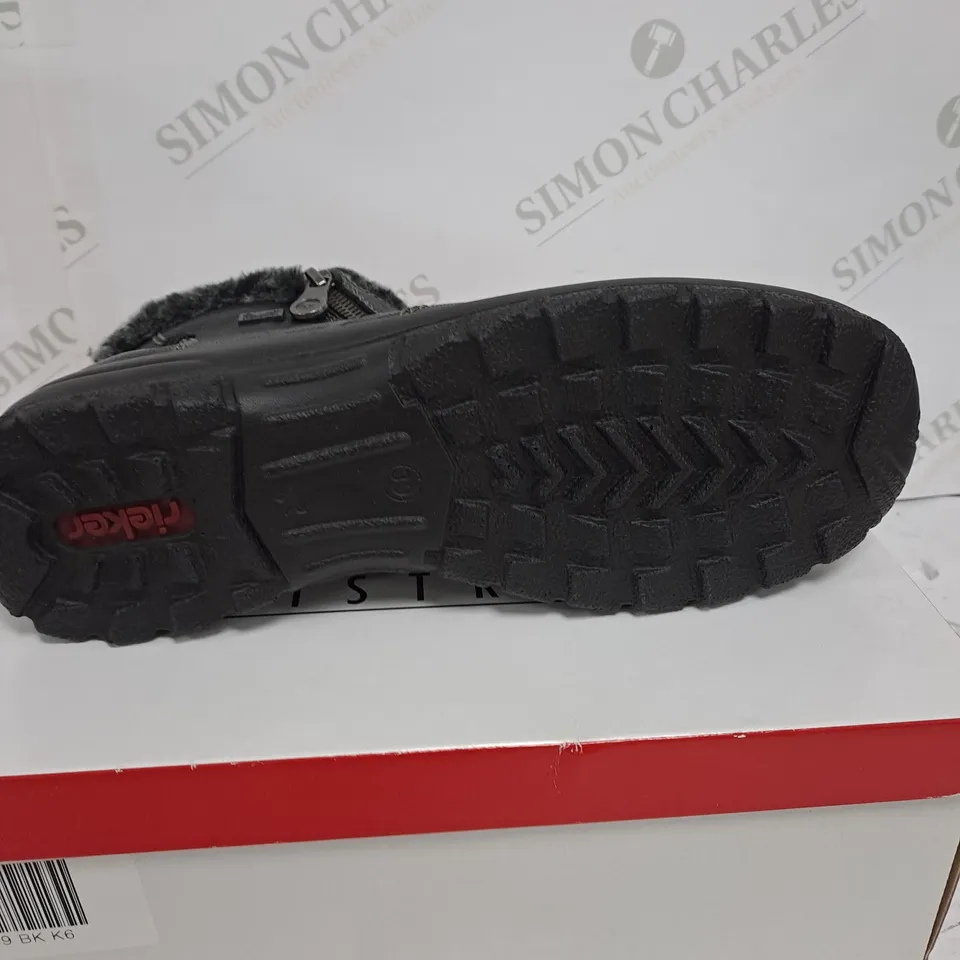 BOXED RIEKER ANKLE BOOTS WITH FUR CUFF, BLACK - SIZE 7.5