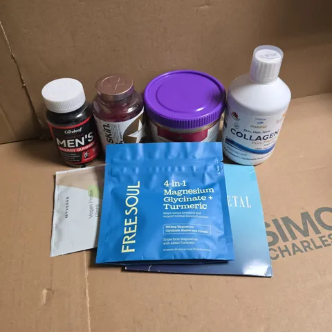 APPROXIMATELY 12 ASSORTED VITAMIN/HEALTH AID PRODUCTS TO INCLUDE MARINE COLLAGEN, MENS ENERGY GUMMIES, MYVEGAN PROTEIN BLEND, ETC - COLLECTION ONLY