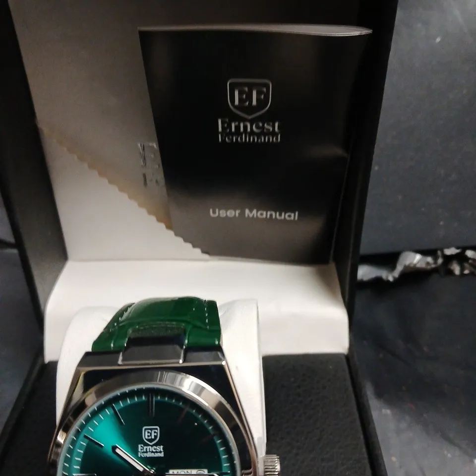ERNEST FERDINAND QUARTZ WRISTWATCH – GREEN DIAL, GREEN LEATHER STRAP (BOXED)