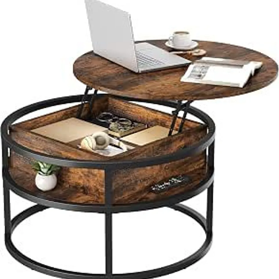 BOXED YITAHOME ROUND LIFT TOP COFFEE TABLE - BROWN