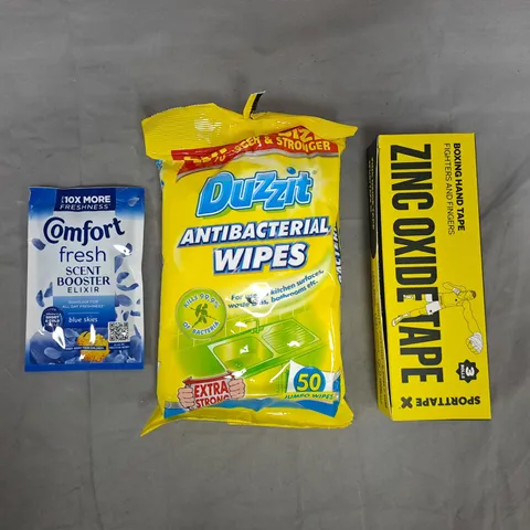 APPROXIMATELY 10 ASSORTED HOUSEHOLD ITEMS TO INCLUDE ZINC OXIDE TAPE, ANTIBACTERIAL WIPES, ETC