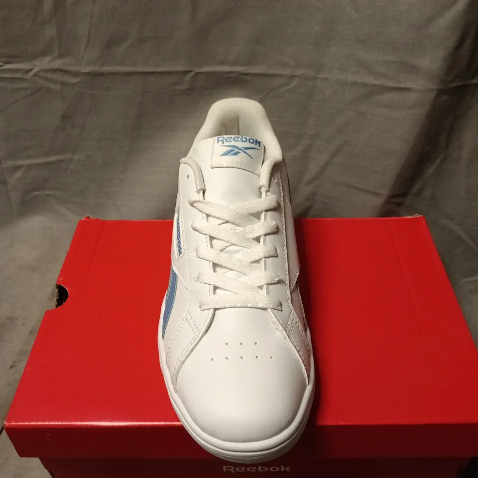 REEBOK WHITE & BLUE SNEAKERS – CLASSIC LEATHER STYLE, BOXED SIZE 5