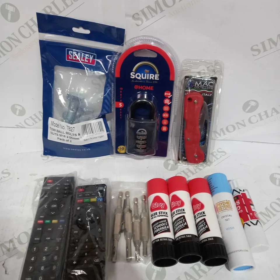 BOX TO CONTAIN APPROX 25 X ASSORTED HOUSEHOLD PRODUCTS, INCLUDES GLUE STICKS, LOCK, REMOTES, KNIFE ETC 