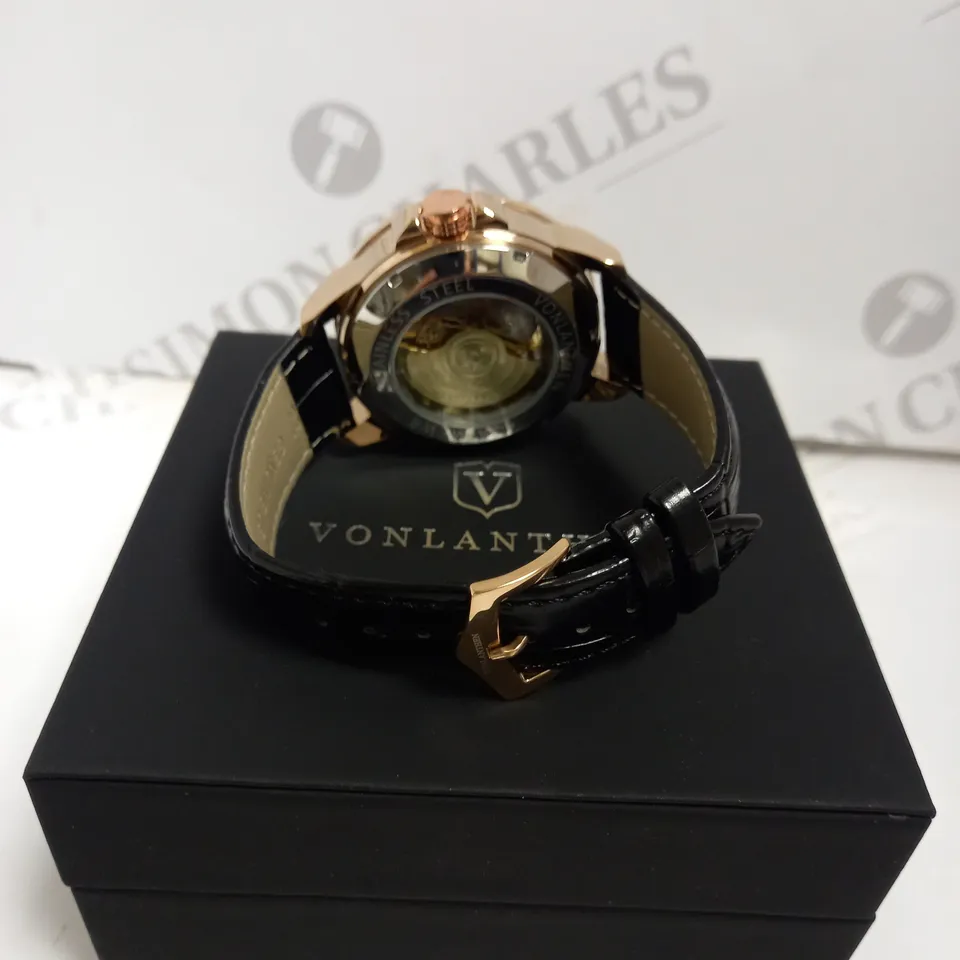 MENS VONLANTHEN AUTOMATIC SKELETON WATCH – V110 - GLASS EXHIBITION BACKCASE – BLACK LEATHER STRAP.