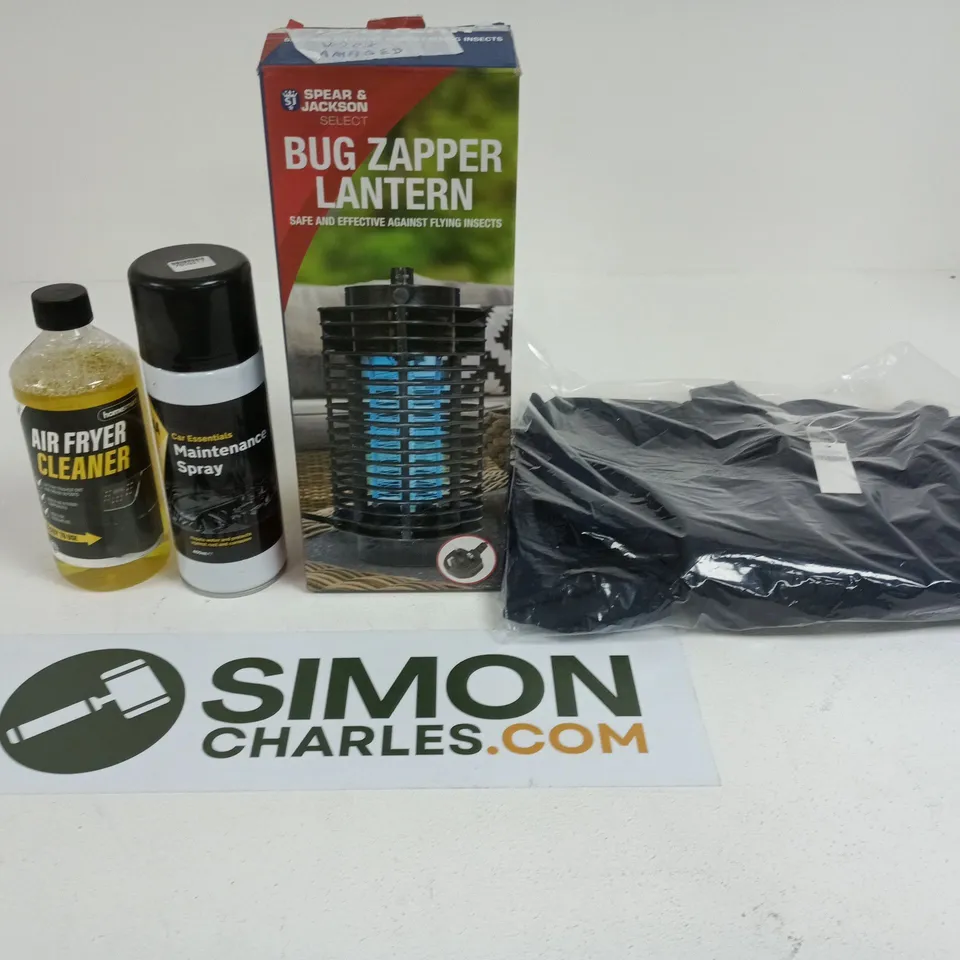 APPROXIMATELY 20 ASSORTED HOUSEHOLD ITEMS TO INCLUDE AIR FRYER CLEANER, BUG ZAPPER LANTERN AND CLOTHING