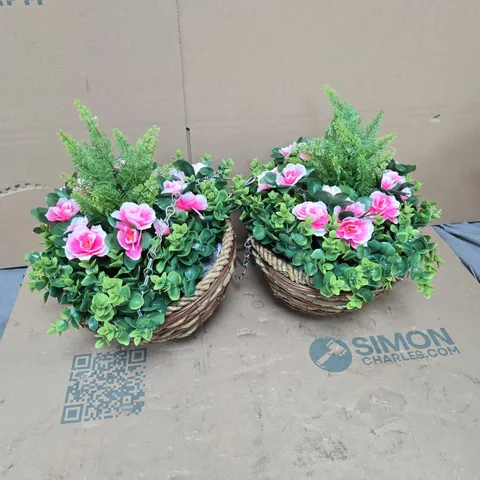 PAIR OF FAUX FLORAL HANGING DECOR BASKETS