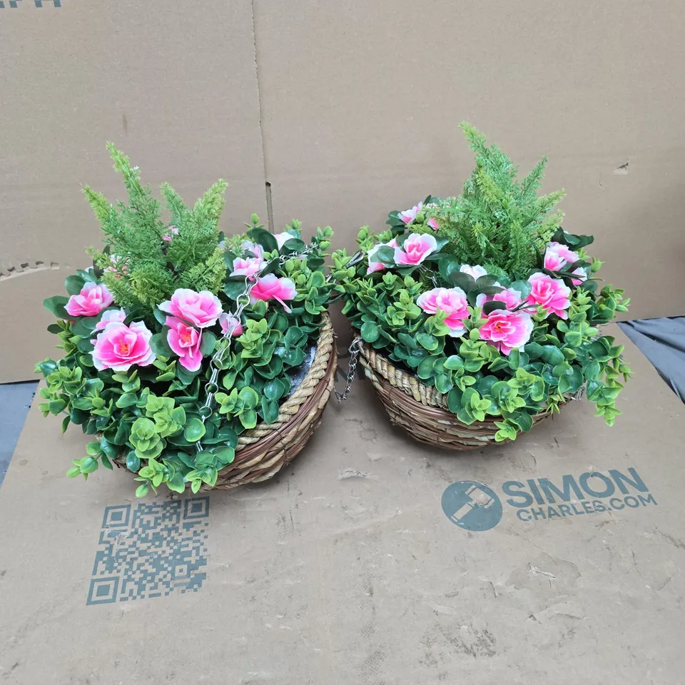 PAIR OF FAUX FLORAL HANGING DECOR BASKETS