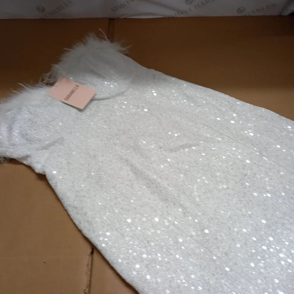 CARAMELLA FEATHER TRIM SEQUIN MINI DRESS - XL