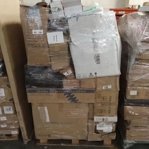 PALLET OF ASSORTED HOUSEHOLD GOODS AND PRODUCTS TO INCLUDE; FLATPACK FURNITURE, VEGGIE SLICER, CUTLERY SET ETC