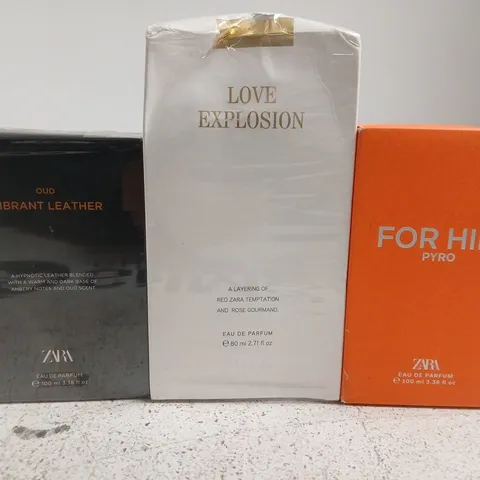 3 ZARA FRAGRANCES TO INCLUDE OUD VIBRANT LEATHER, LOVE EXPLOSION, FOR HIM PYRO