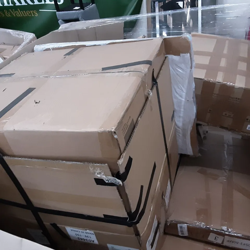 PALLET OF ASSORTED PRODUCTS INCLUDING DINGLILIGHTING CEILING FAN, GRAND PATIO, GRUNTEK GARDEN SPRINKLER, TENNIS RACKET SET, 3 LAYERS OF CLOTHES HANGERS 
