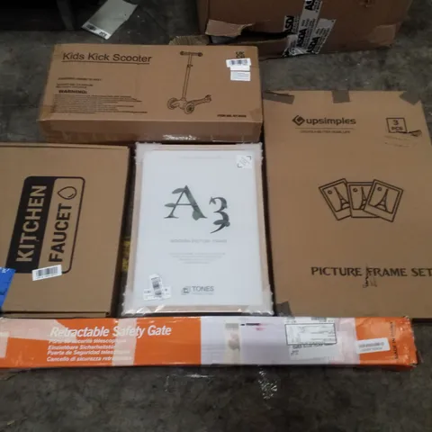 PALLET CONTAINING ASSORTED PRODUCTS INCLUDING KIDS KICK SCOOTER, KITCHEN FAUCET, A3 WOODEN PICTURE FRAMES & RETRACTABLE SAFTEY GATE