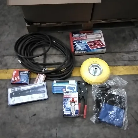 BOXED CONTAINS ASSORTED TOOLS/EQUIPMENT INCLUDING: STEERING WHEEL REMOVER, BALL ENDED HEX SOCKET BIT SET, FILTER REGULATOR, TUBES, WHEEL ECT