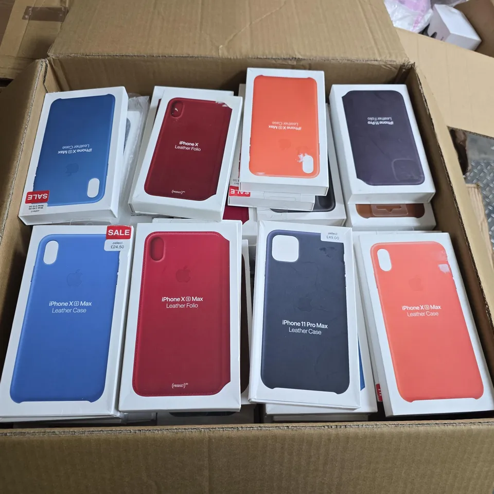 BOX OF APPROXIMATELY 50 ASSORTED IPHONE CASES 