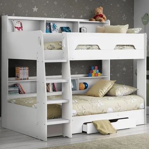 BOXED LILIANNA SINGLE (3') STANDARD BUNK BED WITH SHELVES - WHITE (4 BOXES)