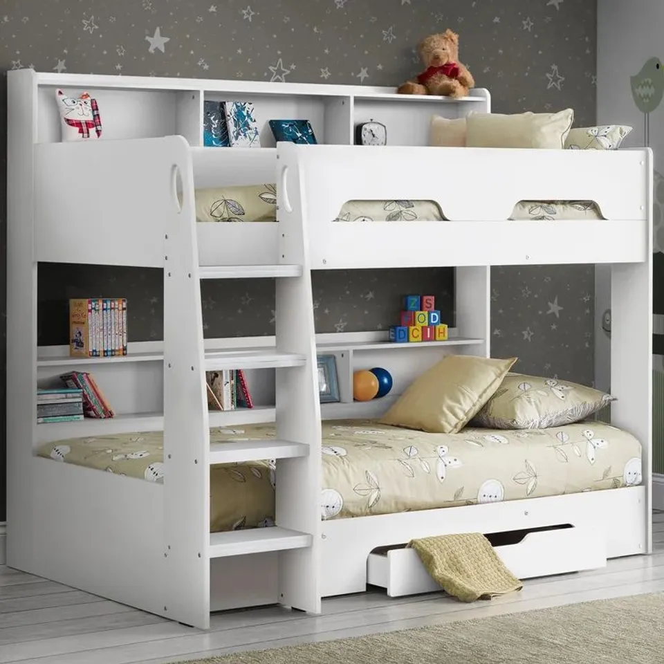 BOXED LILIANNA SINGLE (3') STANDARD BUNK BED WITH SHELVES - WHITE (4 BOXES)