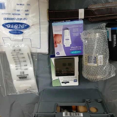 ASSORTED TOTE BOX APPROXIMATLEY 15 PIECES INCLUDES, BREAST MILK BAGS, COFFE MUG,POWER SOCKET COVER ECT