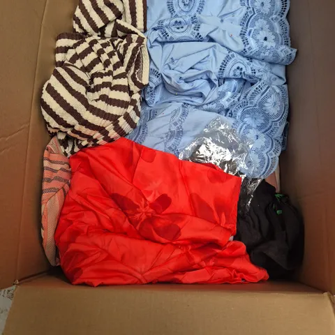 BOX OF APPROXIMATELY 25 ASSORTED CLOTHING ITEMS IN VARIOUS STYLES , COLOURS AND SIZES