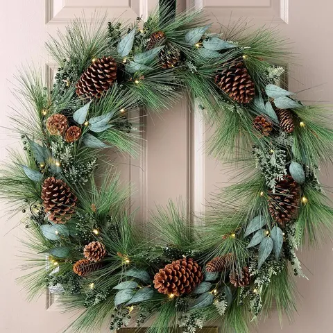 BOXED PRE LIT CHRISTMAS WREATH WITH GREEN BERRIES AND PINECONES - 90 CM