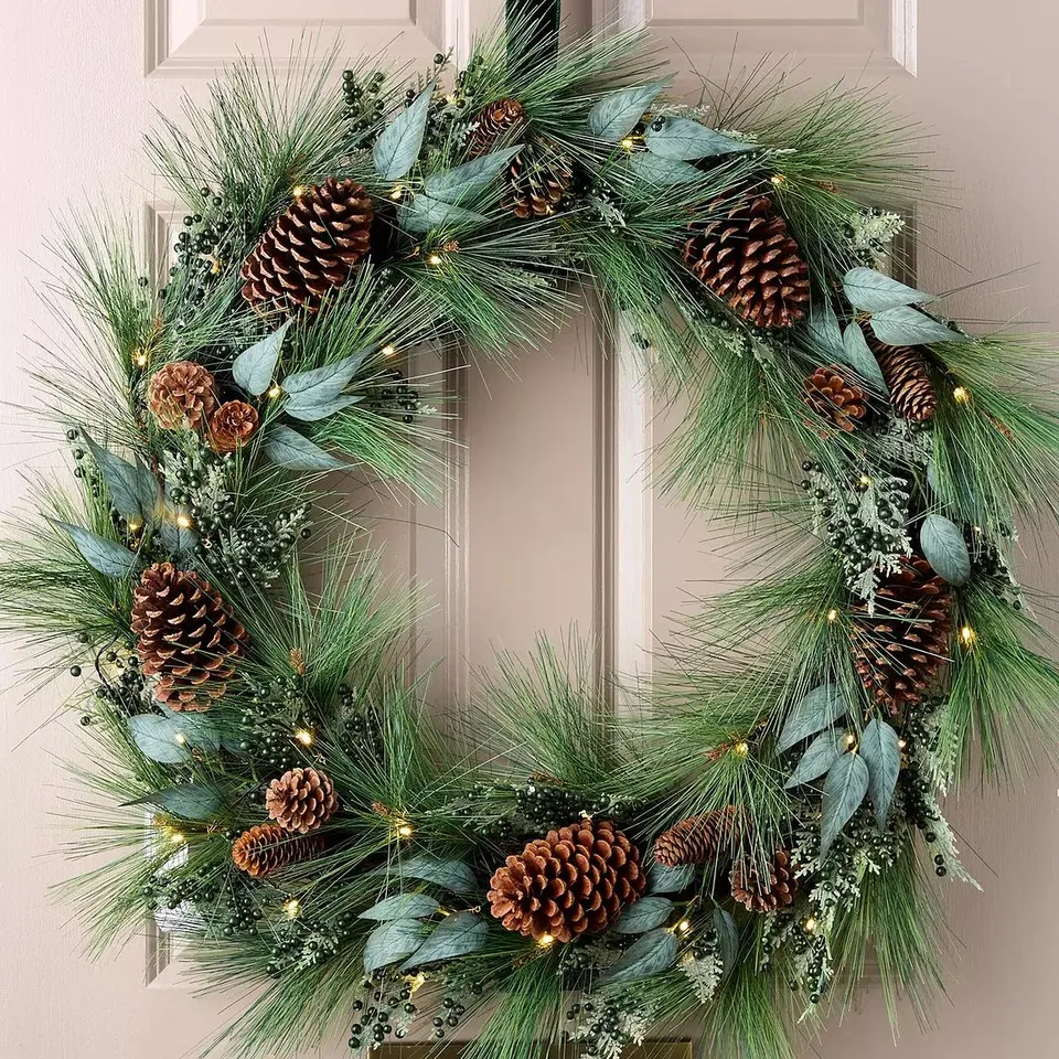 BOXED PRE LIT CHRISTMAS WREATH WITH GREEN BERRIES AND PINECONES - 90 CM